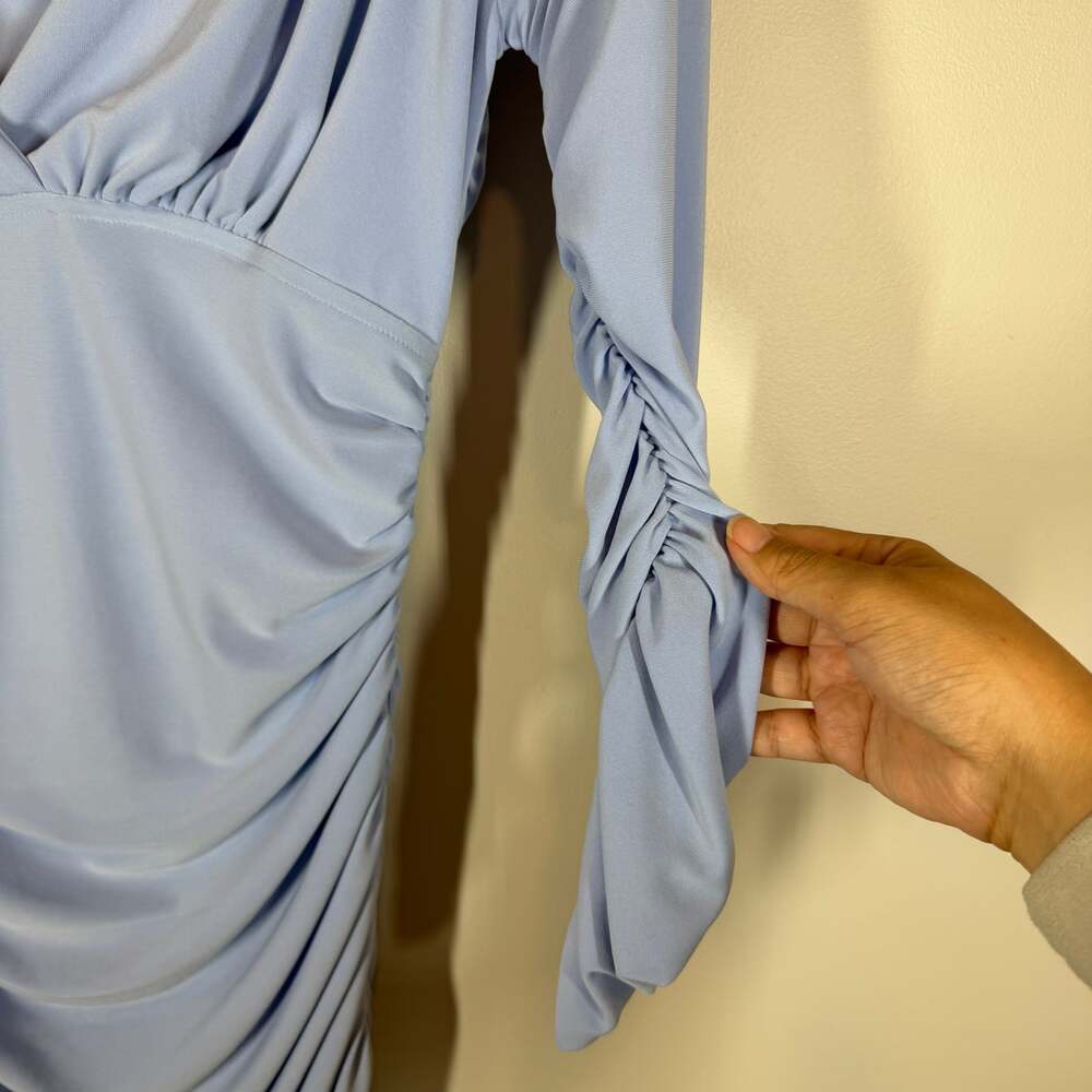 Norma Kamali Tara Dress Powder Blue Ruched Long Sleeve Midi Size S - Picture 6 of 11